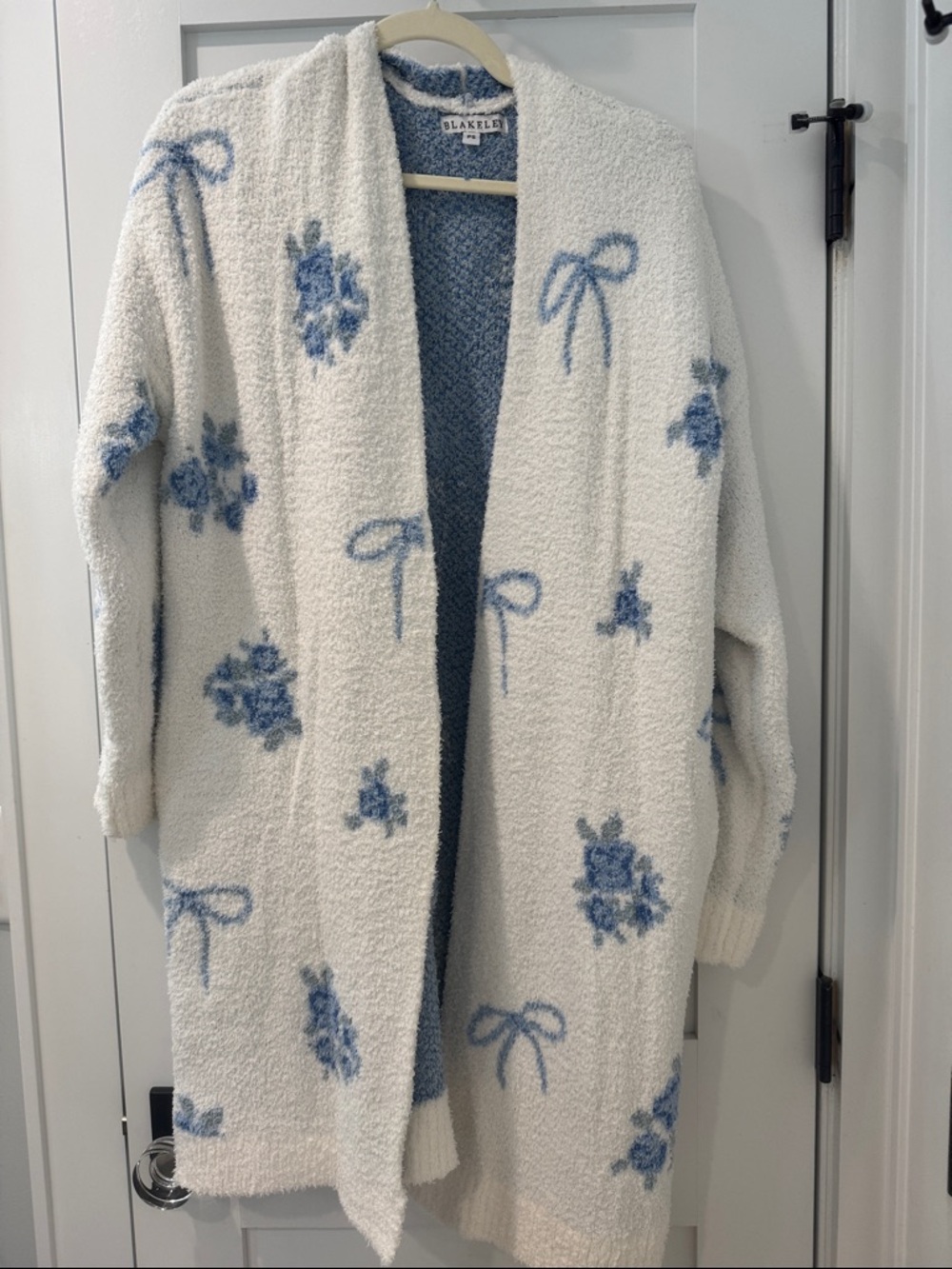 Blakely Cream Open-Front Cardigan with Blue Floral & Bow Motifs